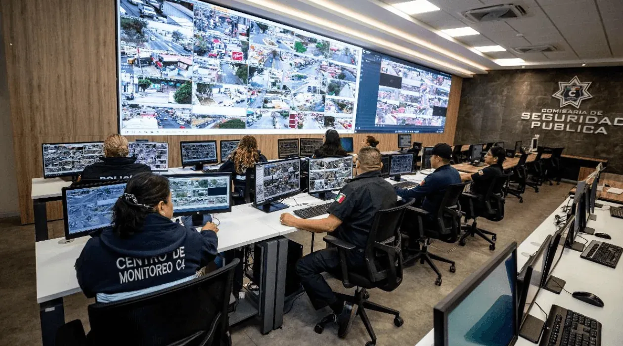 C4 monitoring center with a video wall and public security operators