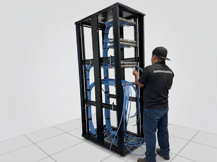 Technician assembling and certifying a rack