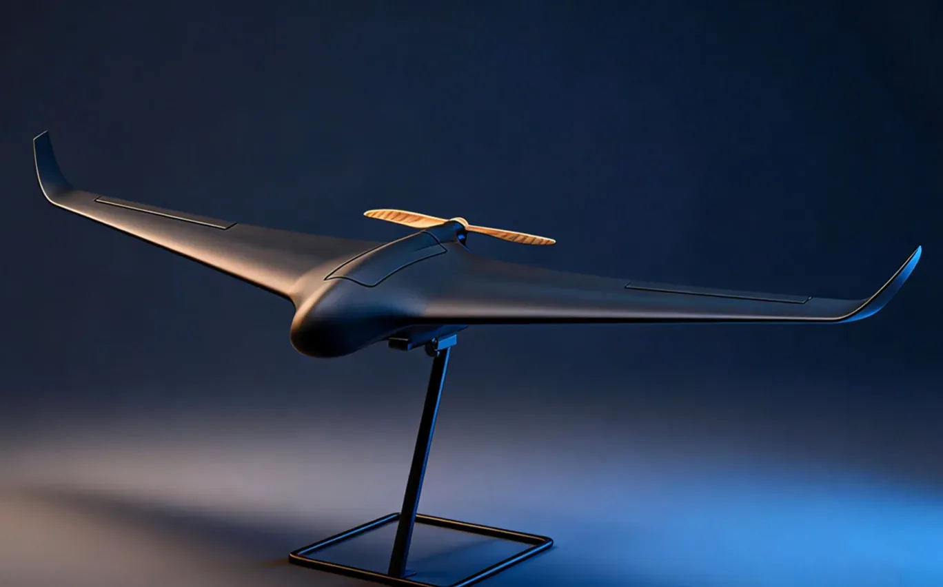 Dron de ala voladora X8 en soporte de exhibición